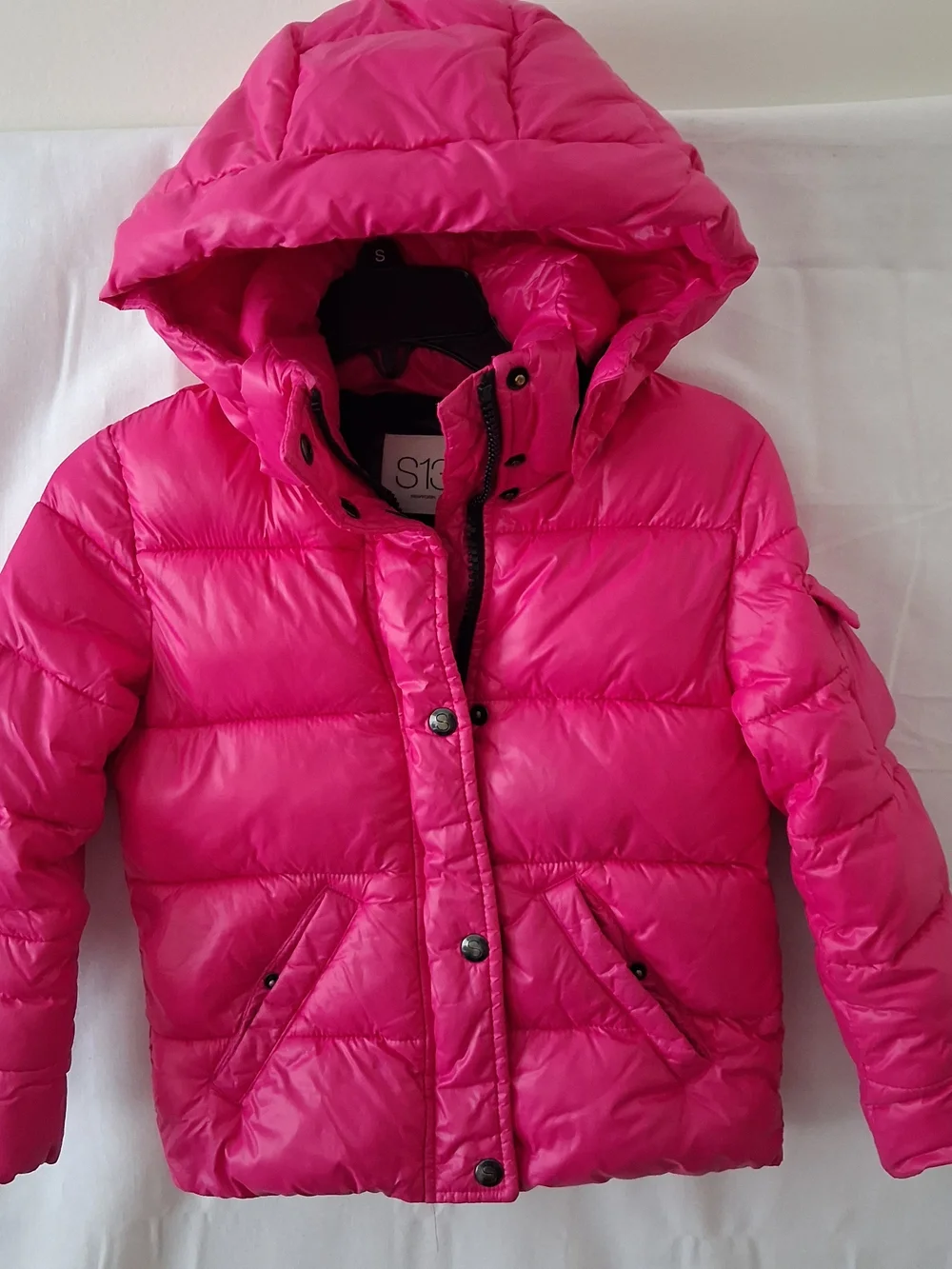 S13 New York Kids Girls Hot Pink Glossy Puffer Jacket Detachable Hood Size 4
